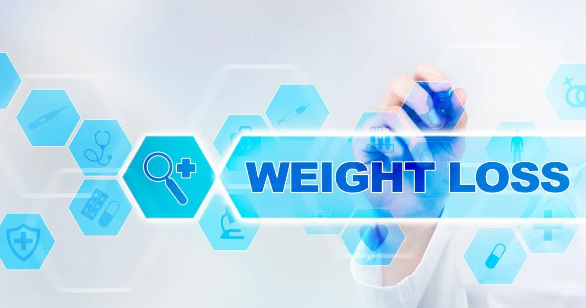 Doctor pointing to a futuristic 'WEIGHT LOSS' screen with medical icons, symbolizing the science of medical weight management.